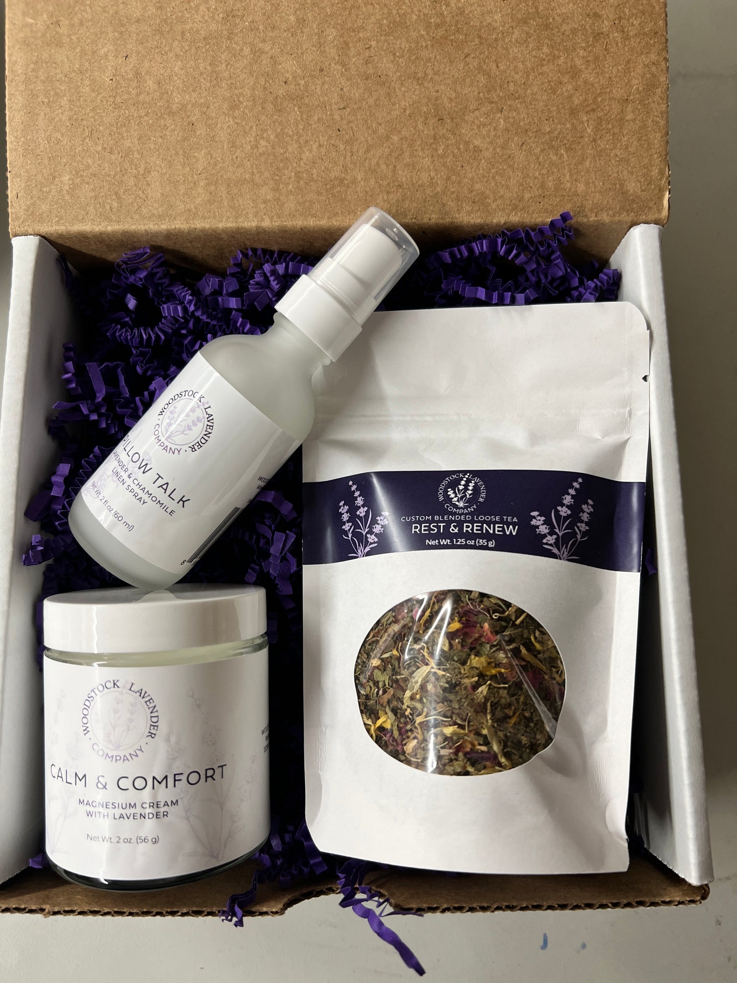 Another box of ours including magnesium and lavender cream, a pillow spray, and loose lavender tea