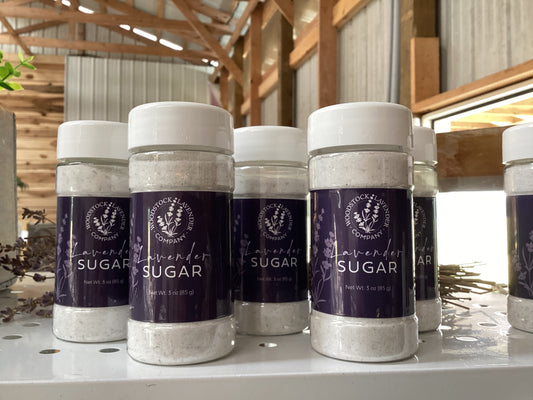 Jars of lavender sugar on a shelf