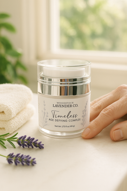 Jar of Timeless Age Defying Complex in a warm setting with lavender